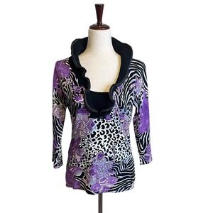 RED Women's Purple Animal Print 3/4 Sleeve Knit Top Stretch Ruffle Collar Size L